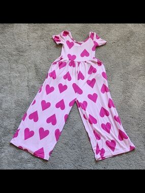 Bums & Roses Bamboo Girls Pink Heart-Print Wide Leg Jumpsuit/Romper